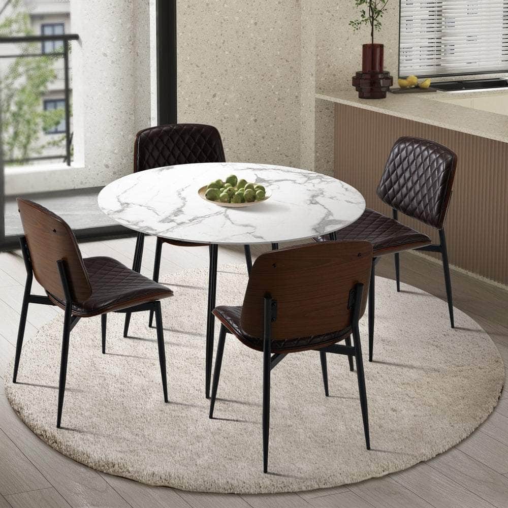 Round Dining Table & 4PCS Dining Chairs PU Walnut