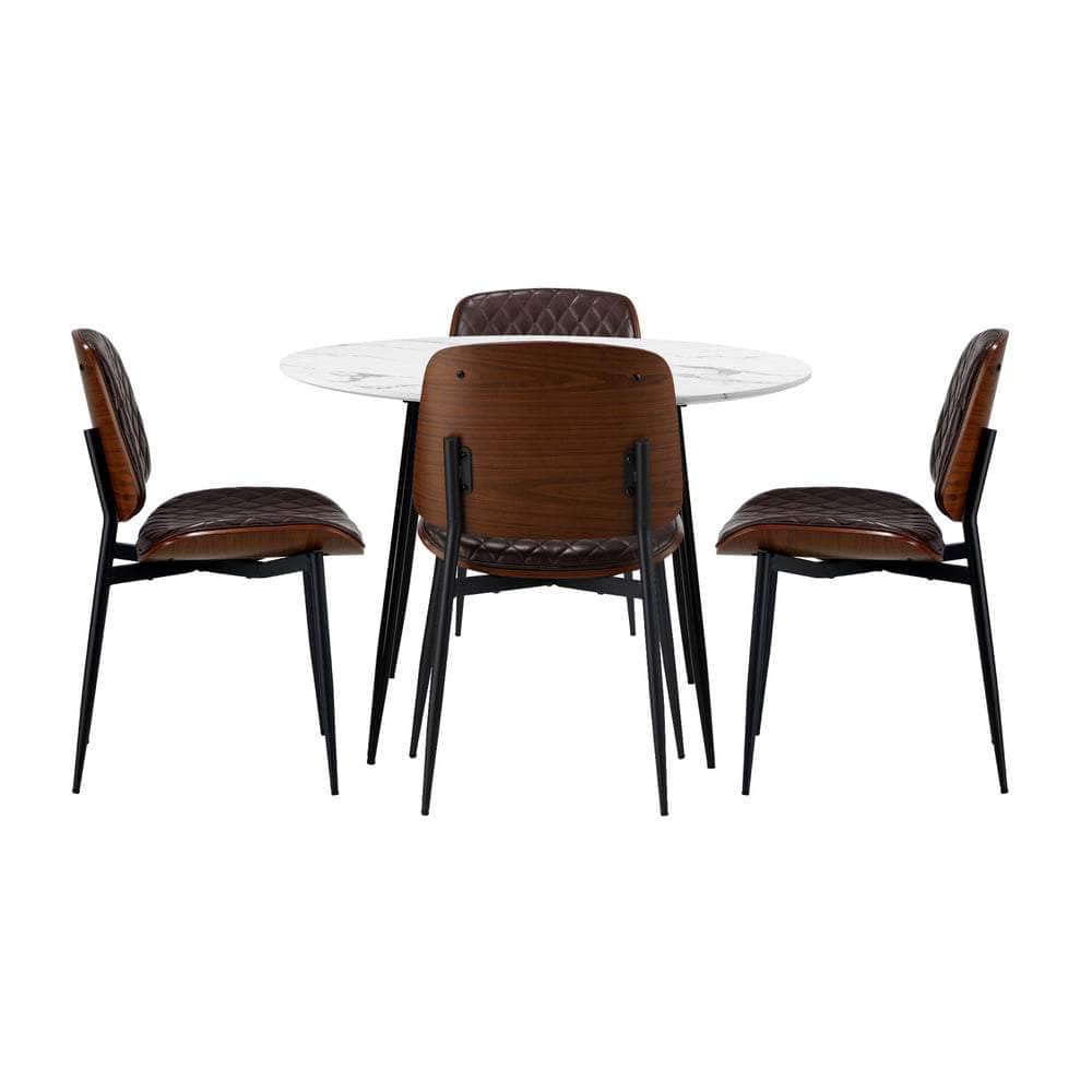Round Dining Table & 4PCS Dining Chairs PU Walnut