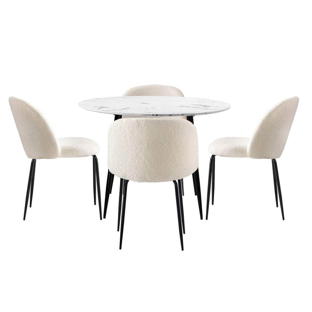 Round Dining Table & 4PCS Dining Chairs White Sherpa