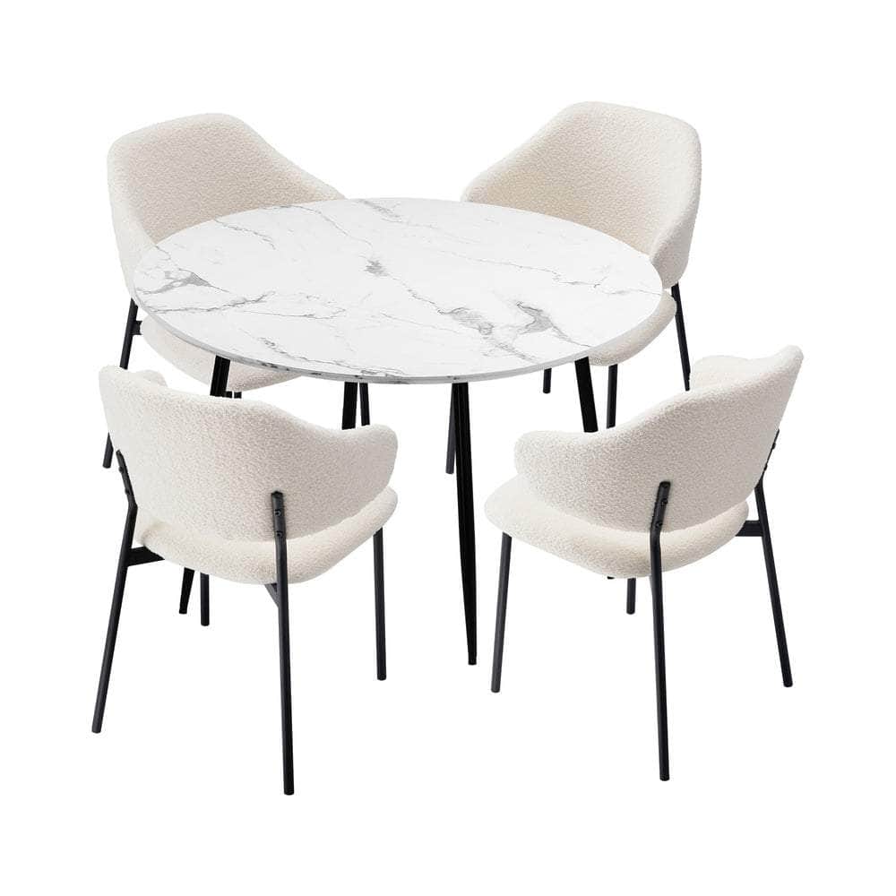 Round Dining Table with 4PCS Chairs Sherpa White