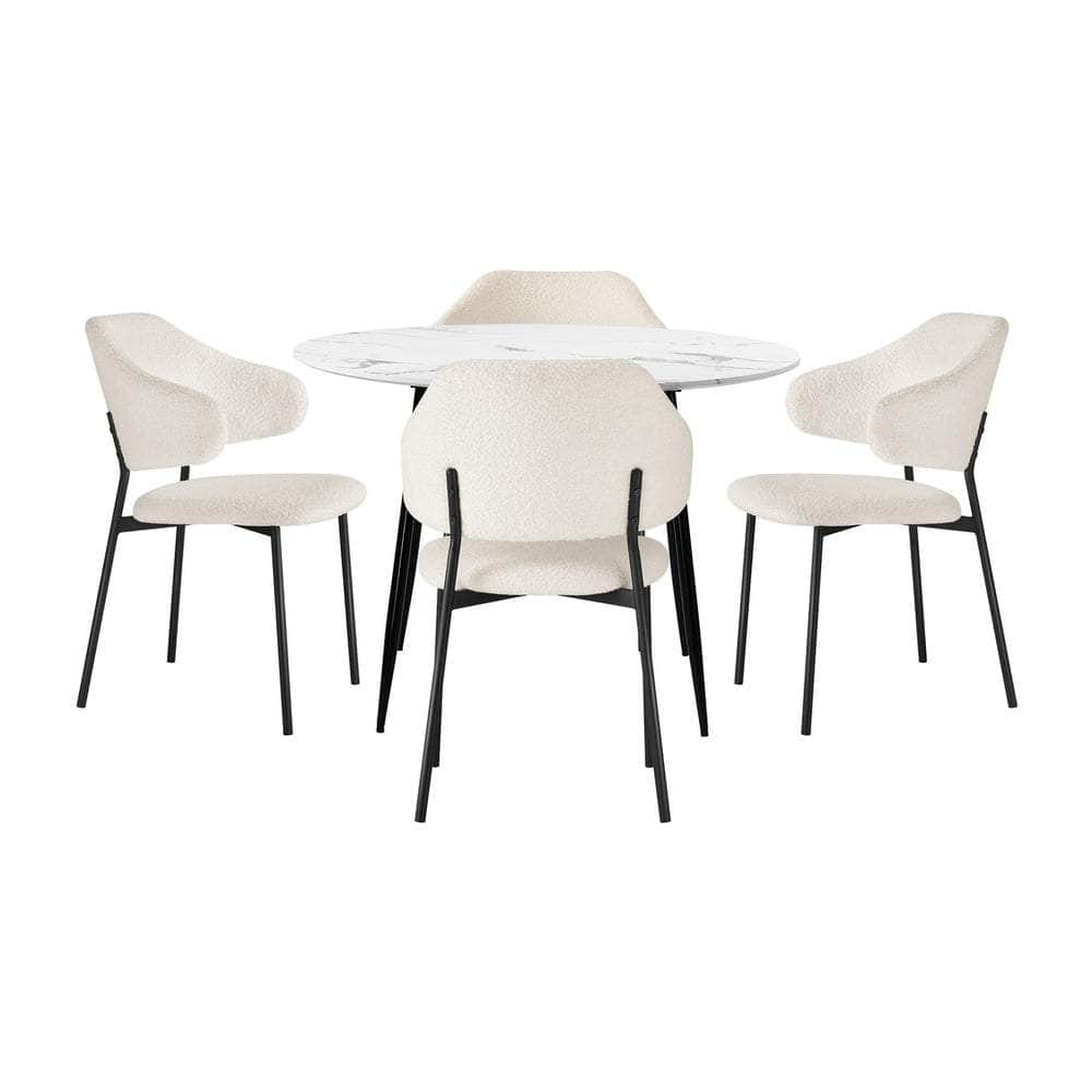 Round Dining Table with 4PCS Chairs Sherpa White