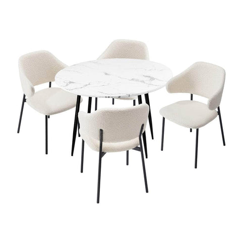 Round Dining Table with 4PCS Chairs Sherpa White