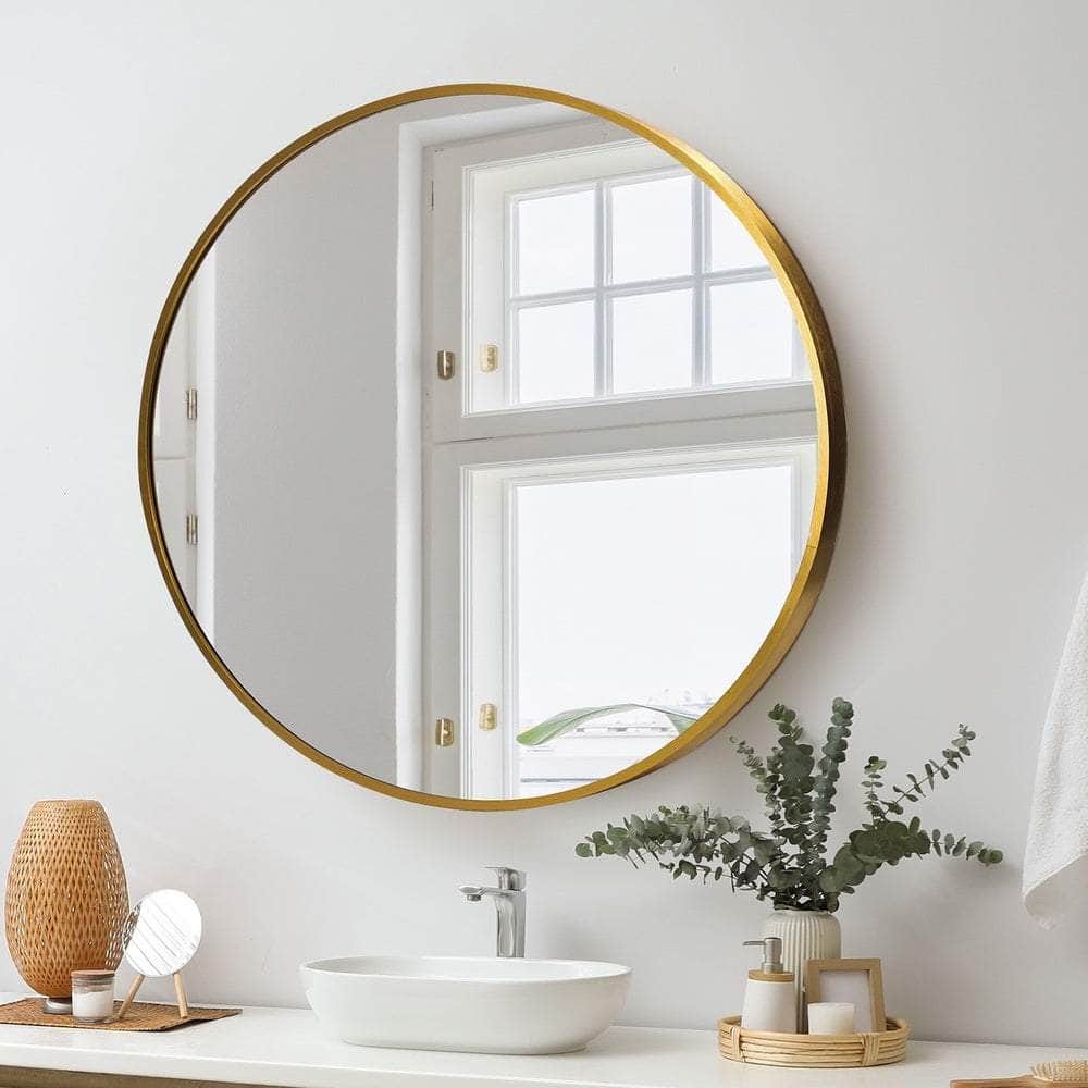Round Wall Mirror Black & Gold Frame 80cm Modern Bathroom Bedroom Decor