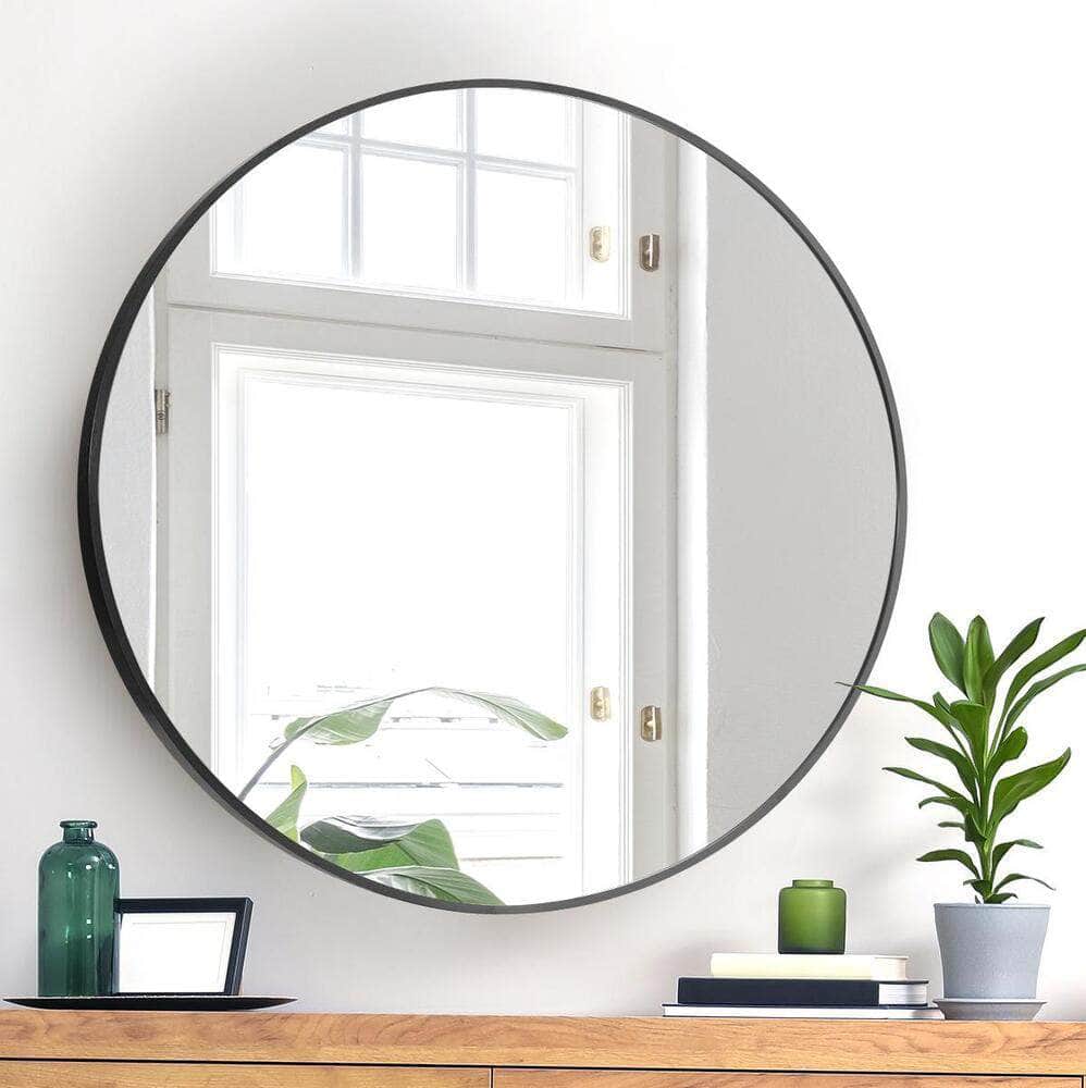 Round Wall Mirror Black & Gold Frame 80cm Modern Bathroom Bedroom Decor