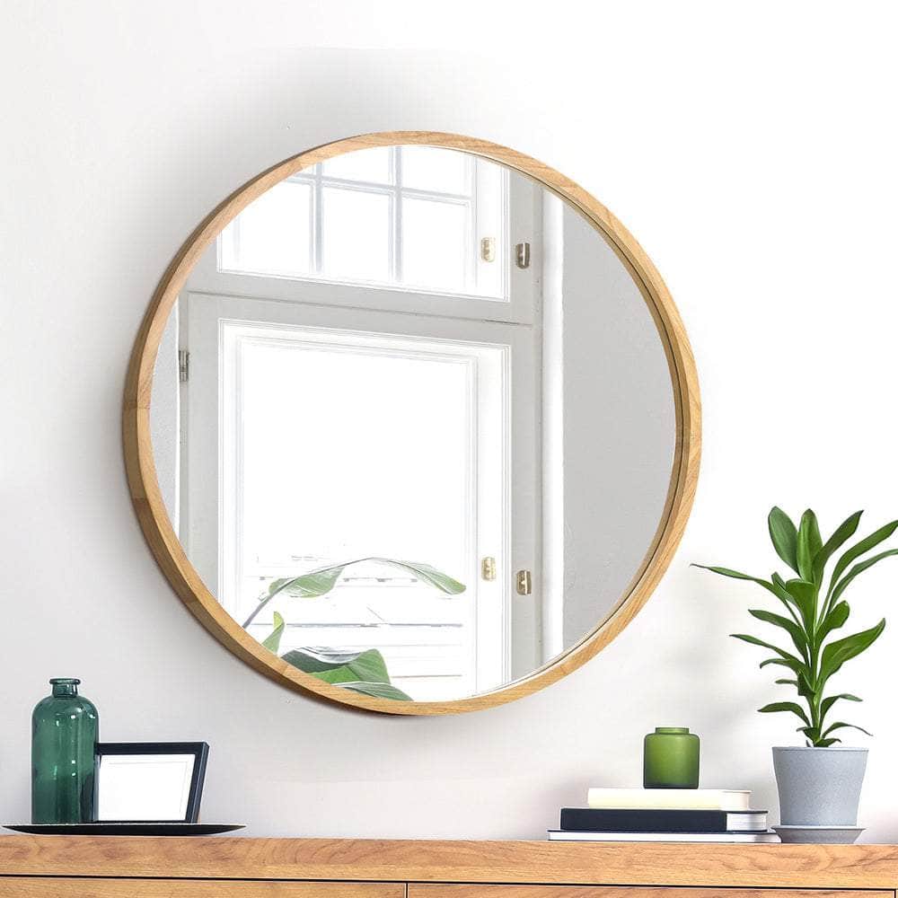Round Wall Mounted Mirror with Wood Frame