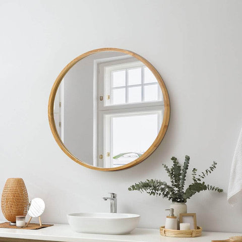 Round Wall Mounted Mirror with Wood Frame