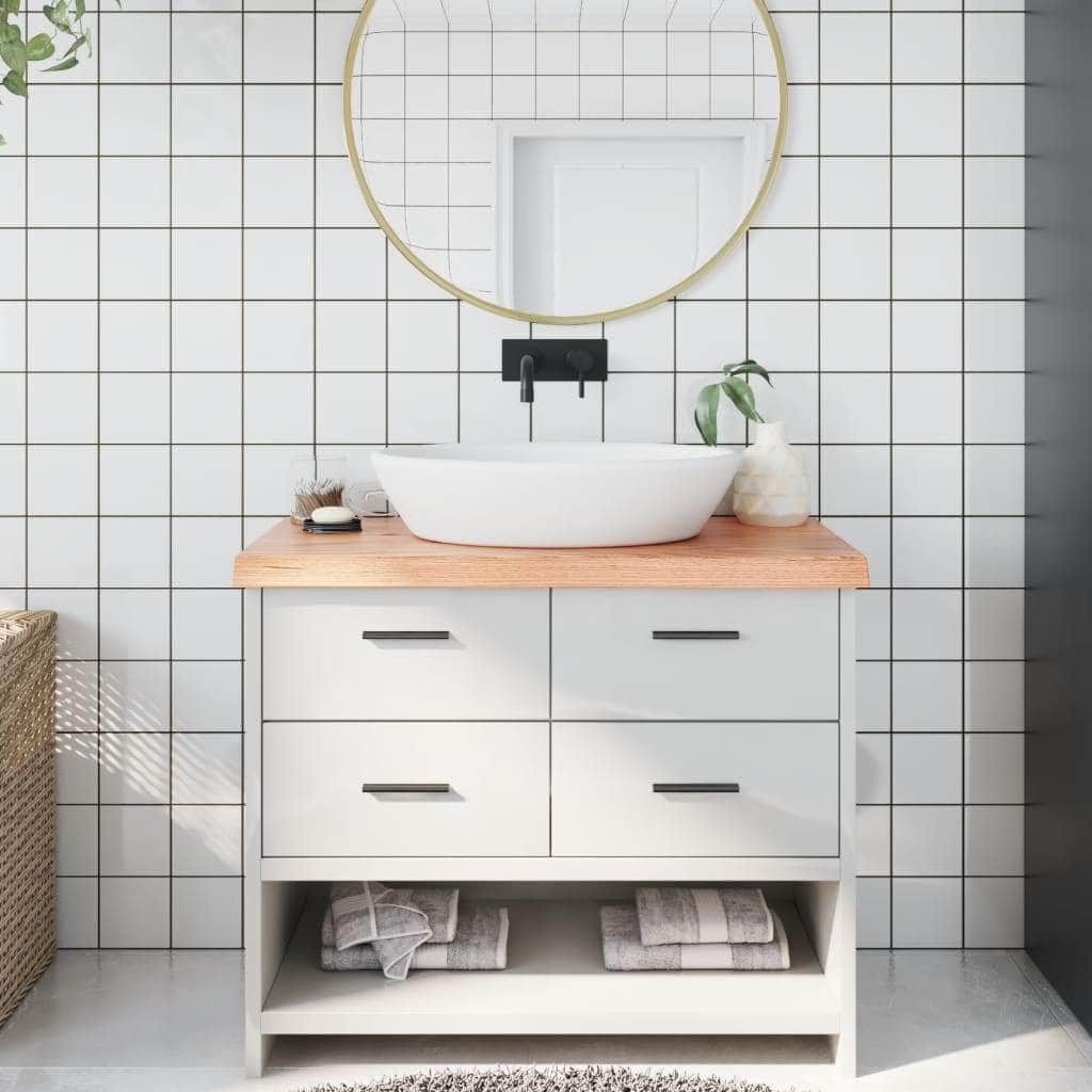 Rustic Elegance: Light Brown Treated Solid Wood Bathroom Countertop