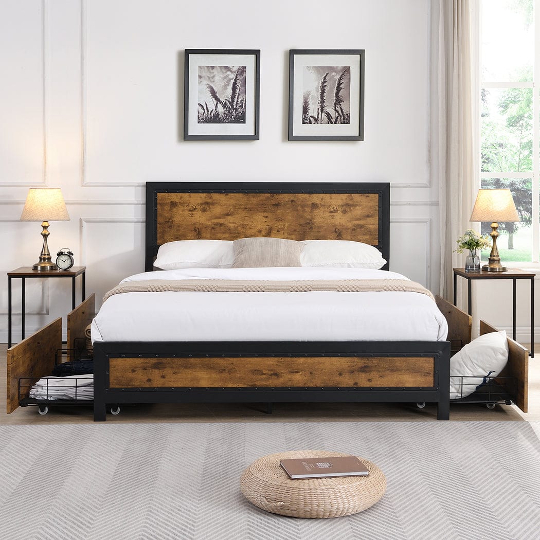 Rustic Metal Bed Frame with 4 Drawers - Stylish and Space-Saving