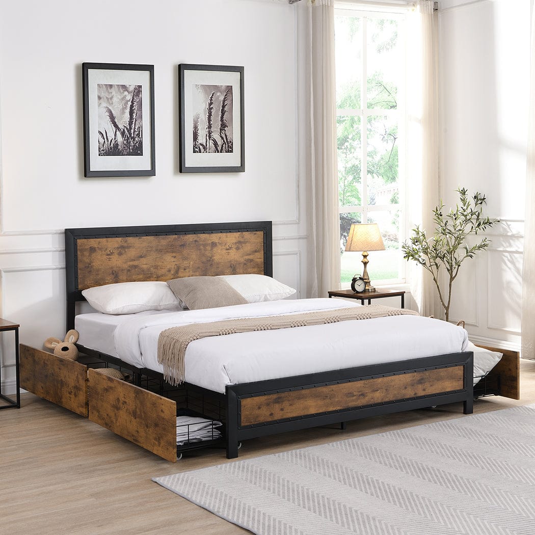 Rustic Metal Bed Frame with 4 Drawers - Stylish and Space-Saving