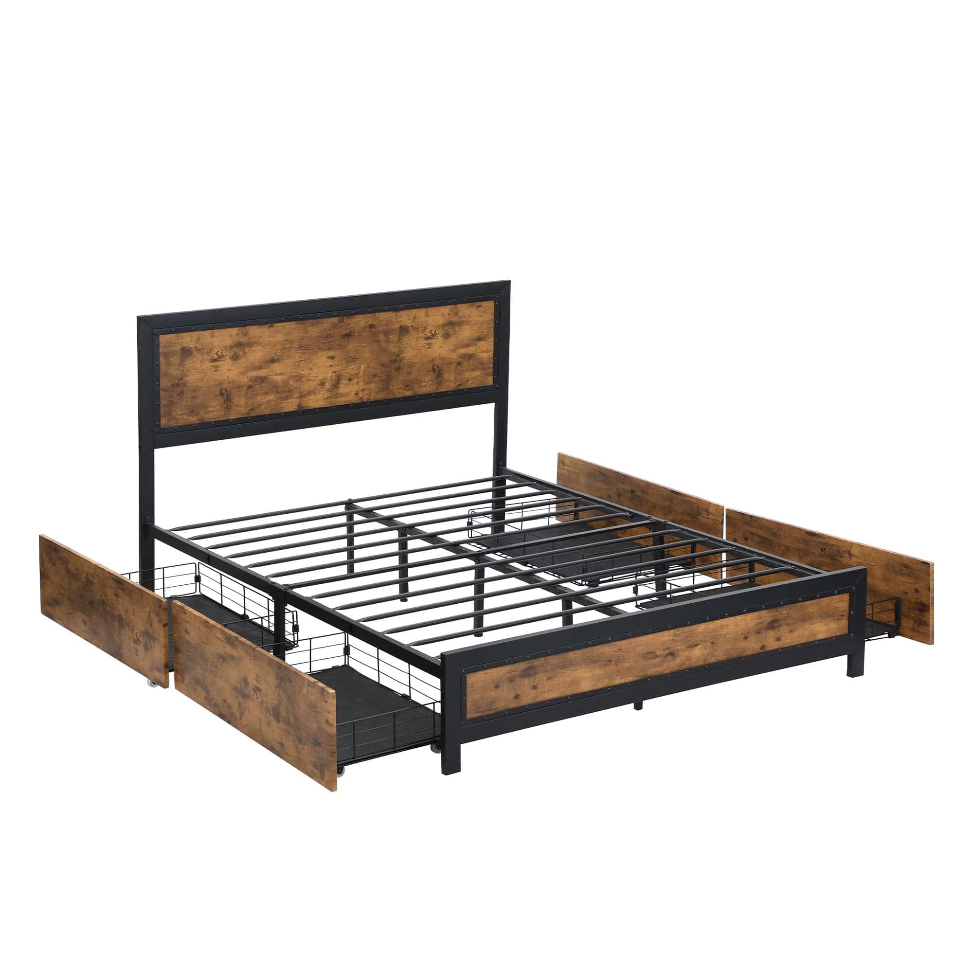 Rustic Metal Bed Frame with 4 Drawers - Stylish and Space-Saving