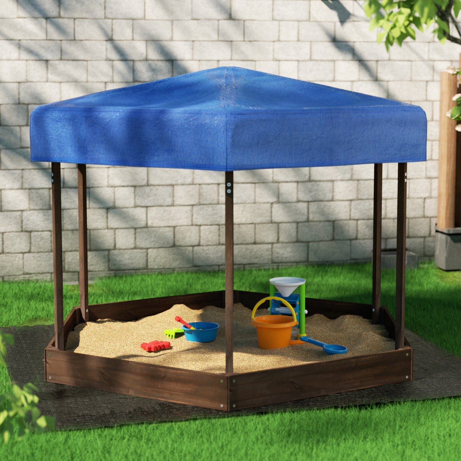 Kids Wooden Hexagon Sandpit With Canopy, Outdoor Play Equipment