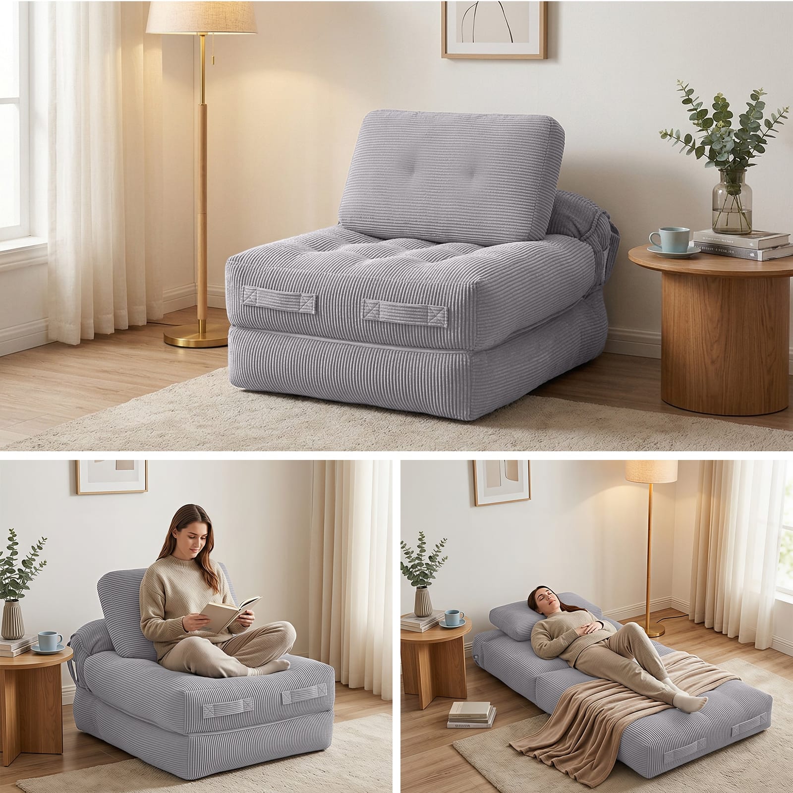 Corduroy Sofa Bed 1 Seater Pull Out Grey | Simpledeals