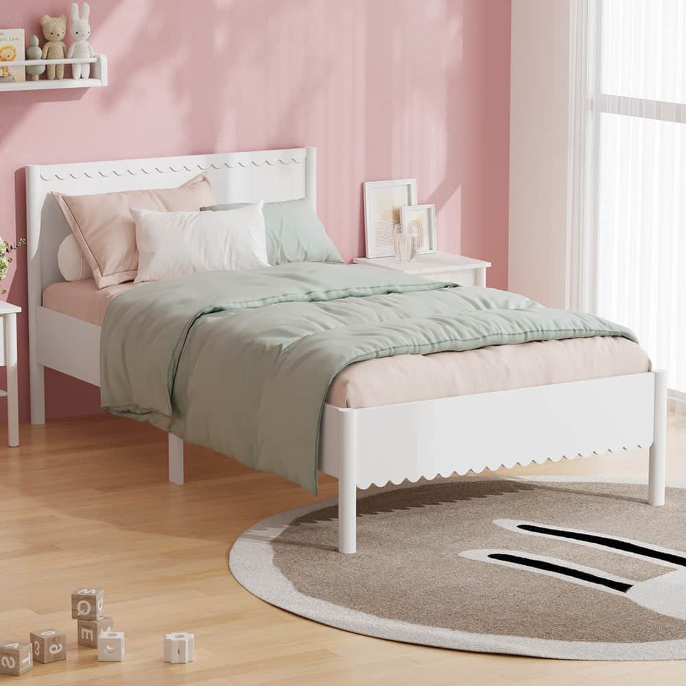 Scalloped Wooden Kids Bed Frame King Single Timber White Finish