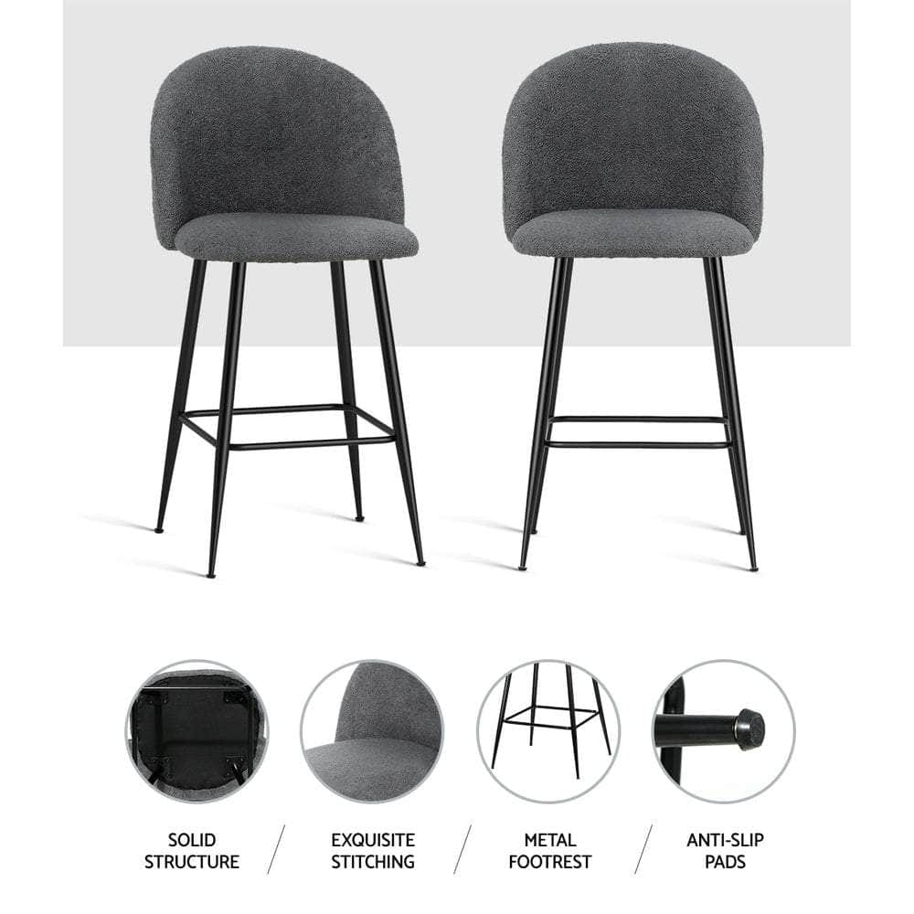 Set Of 2 Bar Stools Kitchen Dining Chair Stool Chairs Sherpa Boucle Charcoal