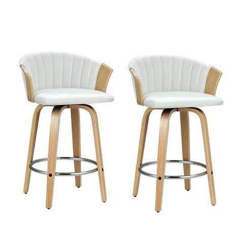 Set Of 2 Bar Stools Kitchen Stool Wooden Chair Swivel Chairs Leather White