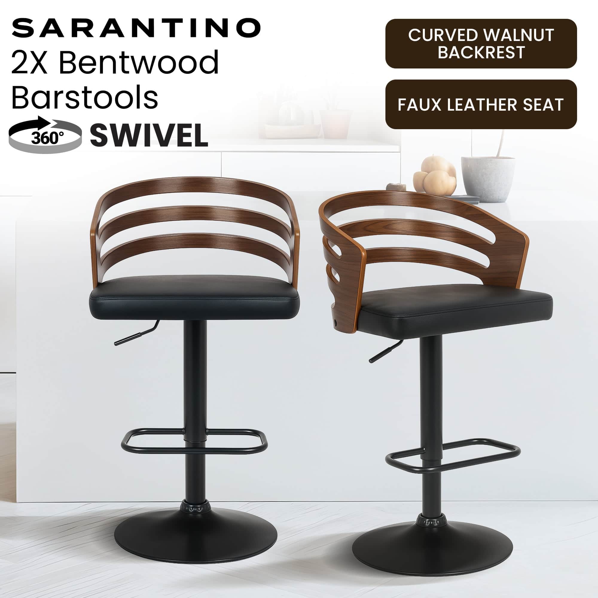 Set of 2 Bentwood Walnut Bar Stools Leather Seat Metal Frame Base