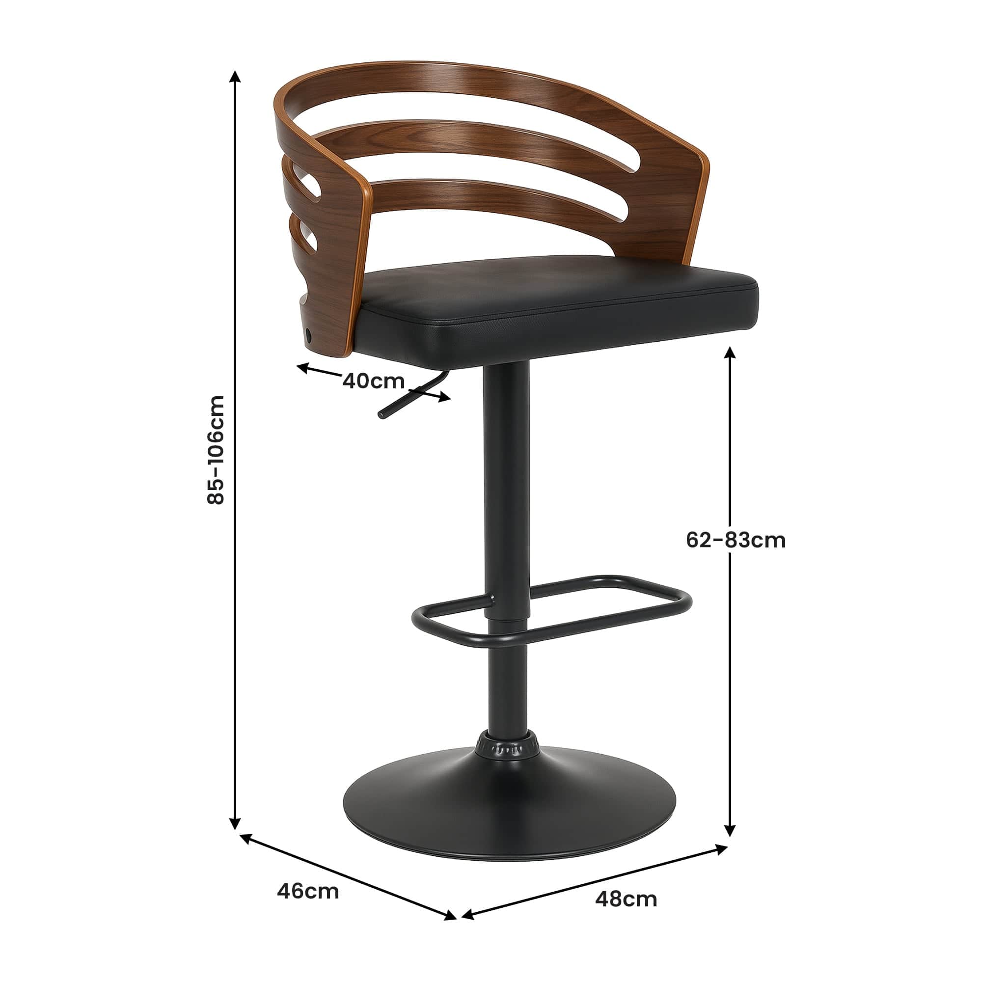 Set of 2 Bentwood Walnut Bar Stools Leather Seat Metal Frame Base