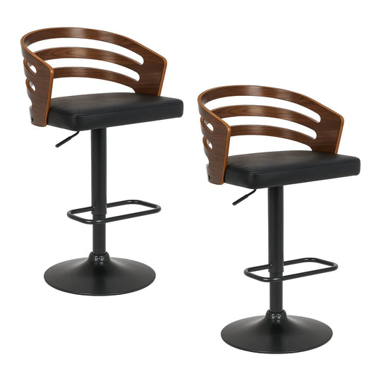 Set of 2 Bentwood Walnut Bar Stools Leather Seat Metal Frame