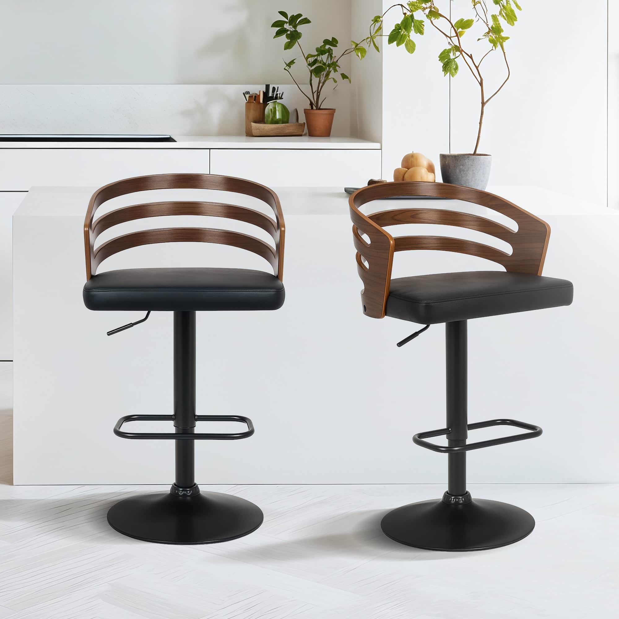 Set of 2 Bentwood Walnut Bar Stools Leather Seat Metal Frame Base