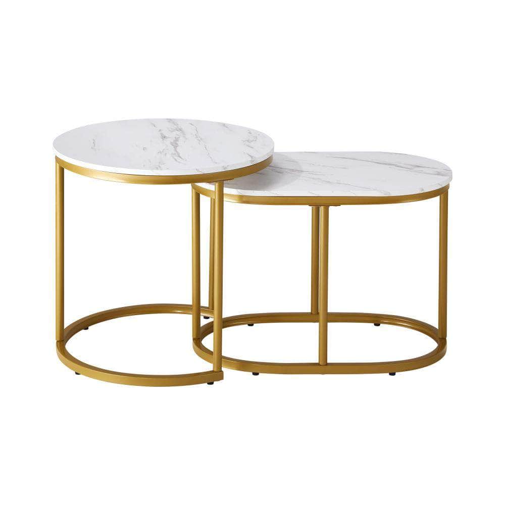 Set of 2 Coffee Table Round Oval Marble Nesting Side End Table