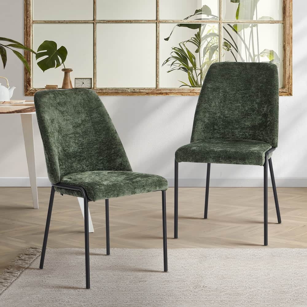 Set of 2 Dining Chairs Chenille Fabric Upholstered Padded Seat Beige Green & Grey