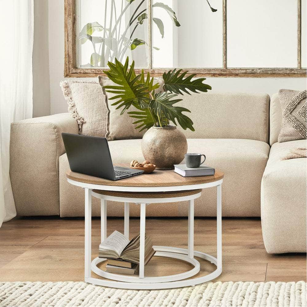 Set of 2 Nesting Coffee Table Round Natural & White