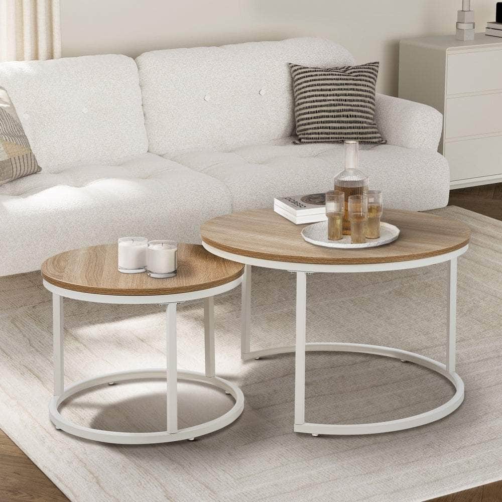 Set of 2 Nesting Coffee Table Round Natural & White