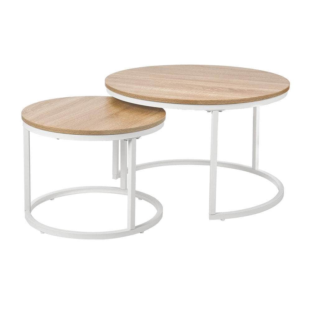 Set of 2 Nesting Coffee Table Round Natural & White