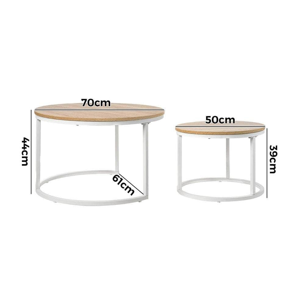 Set of 2 Nesting Coffee Table Round Natural & White