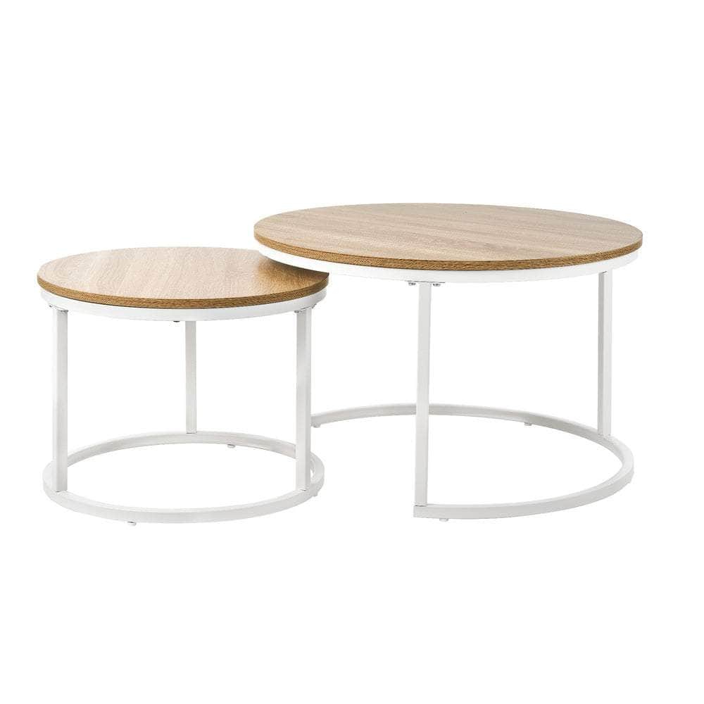 Set of 2 Nesting Coffee Table Round Natural & White