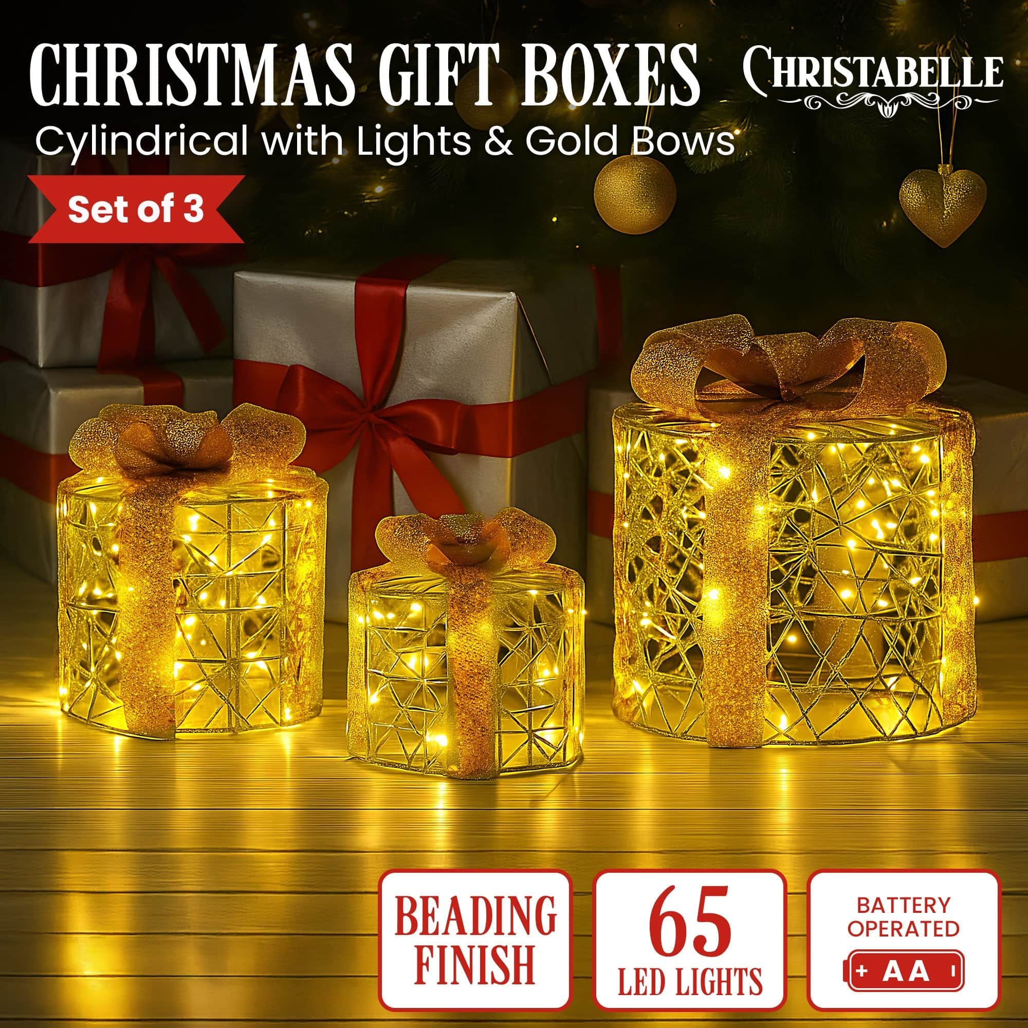 Set of 3 Golden Christmas Gift Boxes LED Lights Indoor Holiday Decoration Ornament