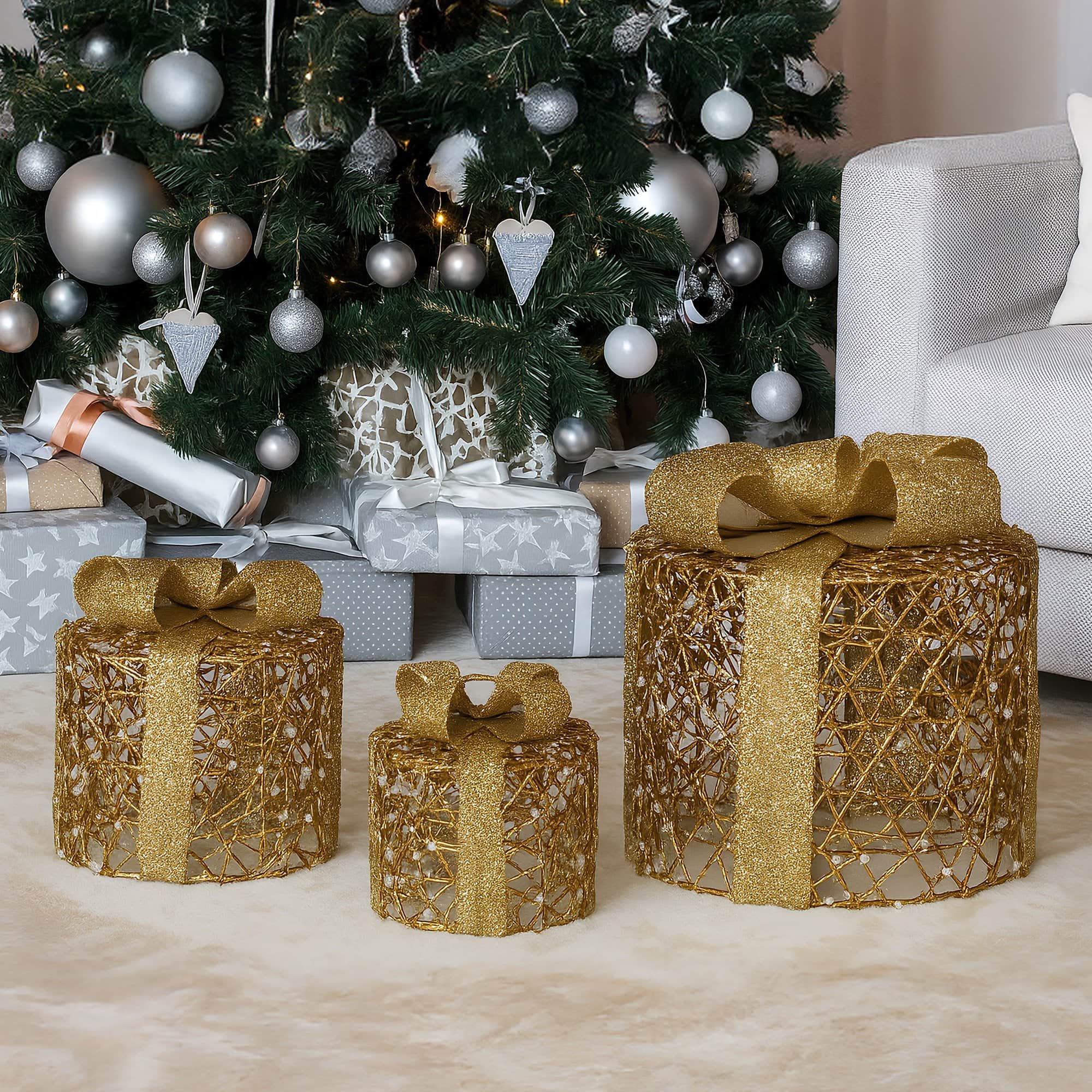 Set of 3 Golden Christmas Gift Boxes LED Lights Indoor Holiday Decoration Ornament