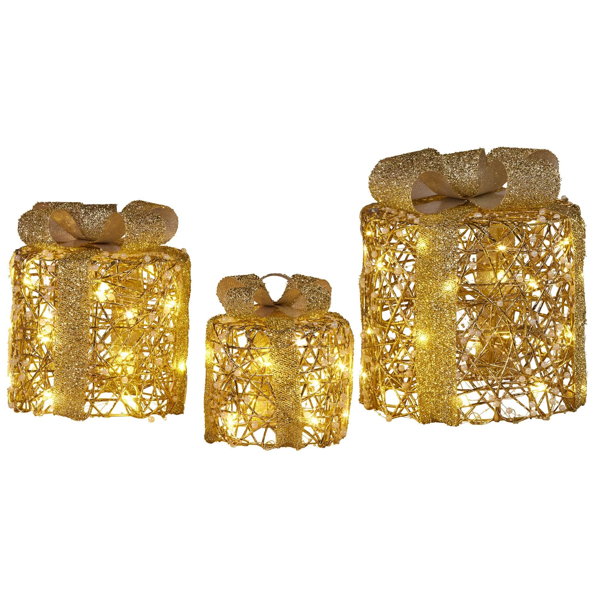 Set of 3 Golden Christmas Gift Boxes LED Lights Indoor Holiday Decoration Ornament