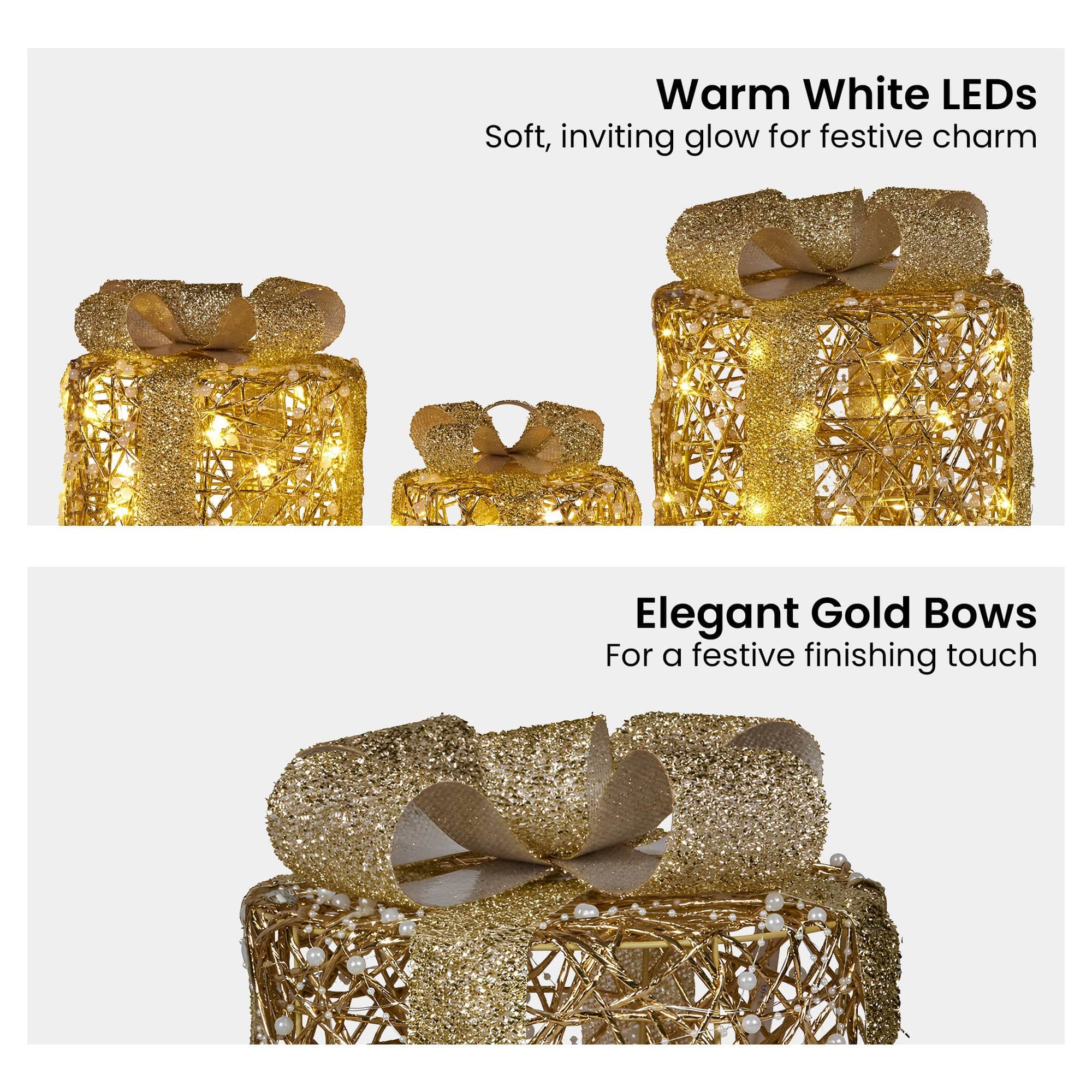 Set of 3 Golden Christmas Gift Boxes LED Lights Indoor Holiday Decoration Ornament