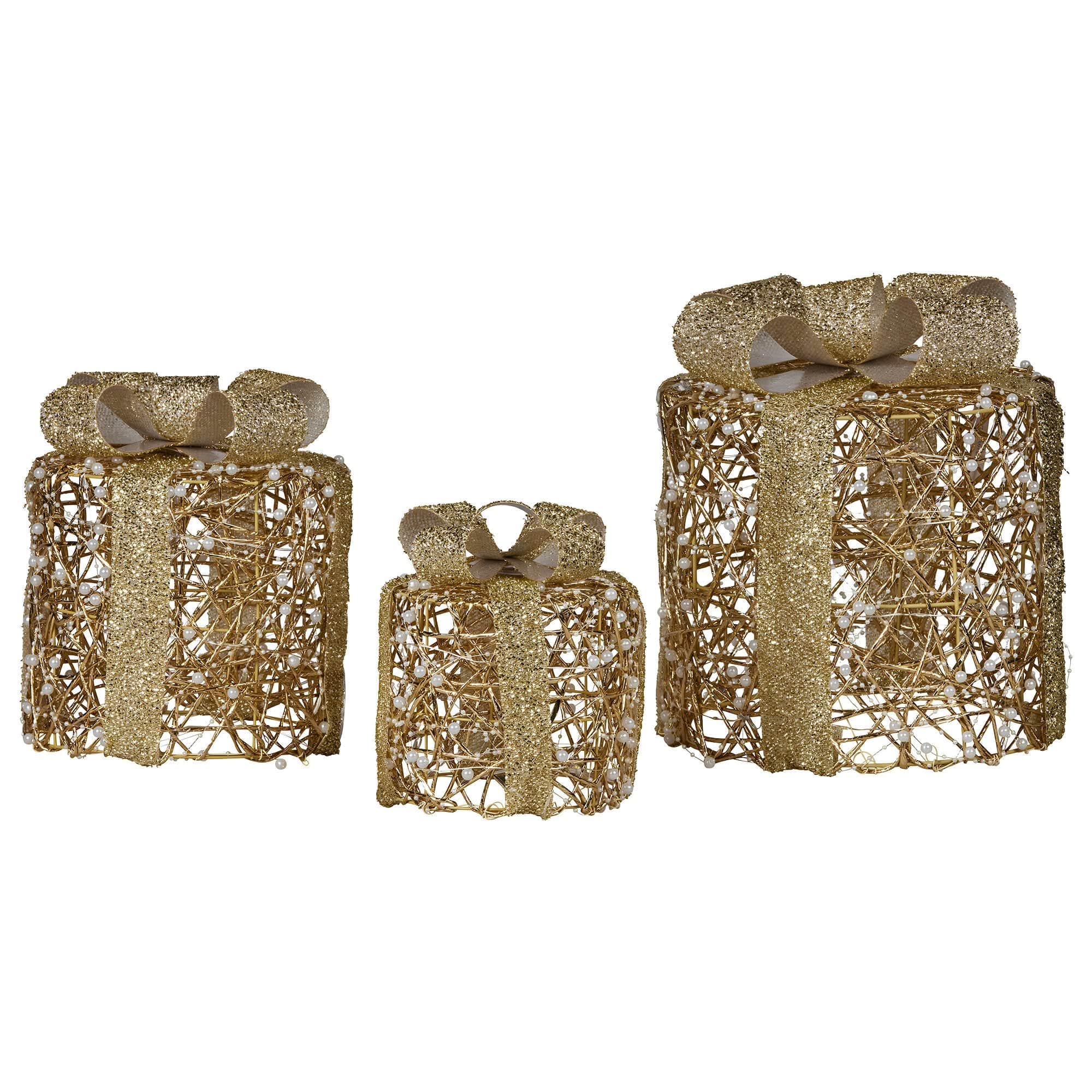 Set of 3 Golden Christmas Gift Boxes LED Lights Indoor Holiday Decoration Ornament