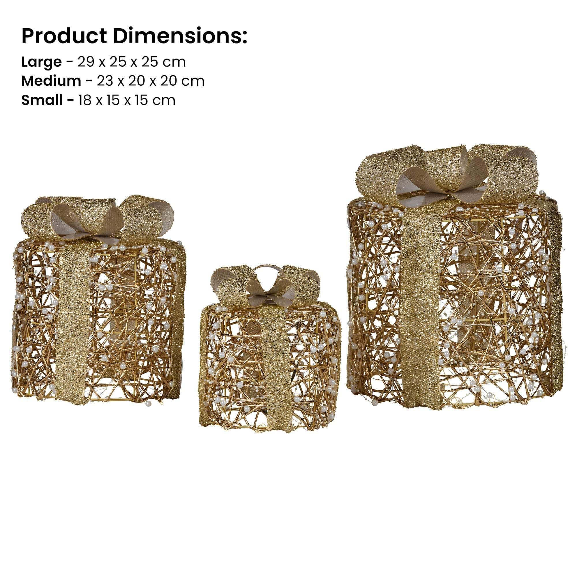 Set of 3 Golden Christmas Gift Boxes LED Lights Indoor Holiday Decoration Ornament