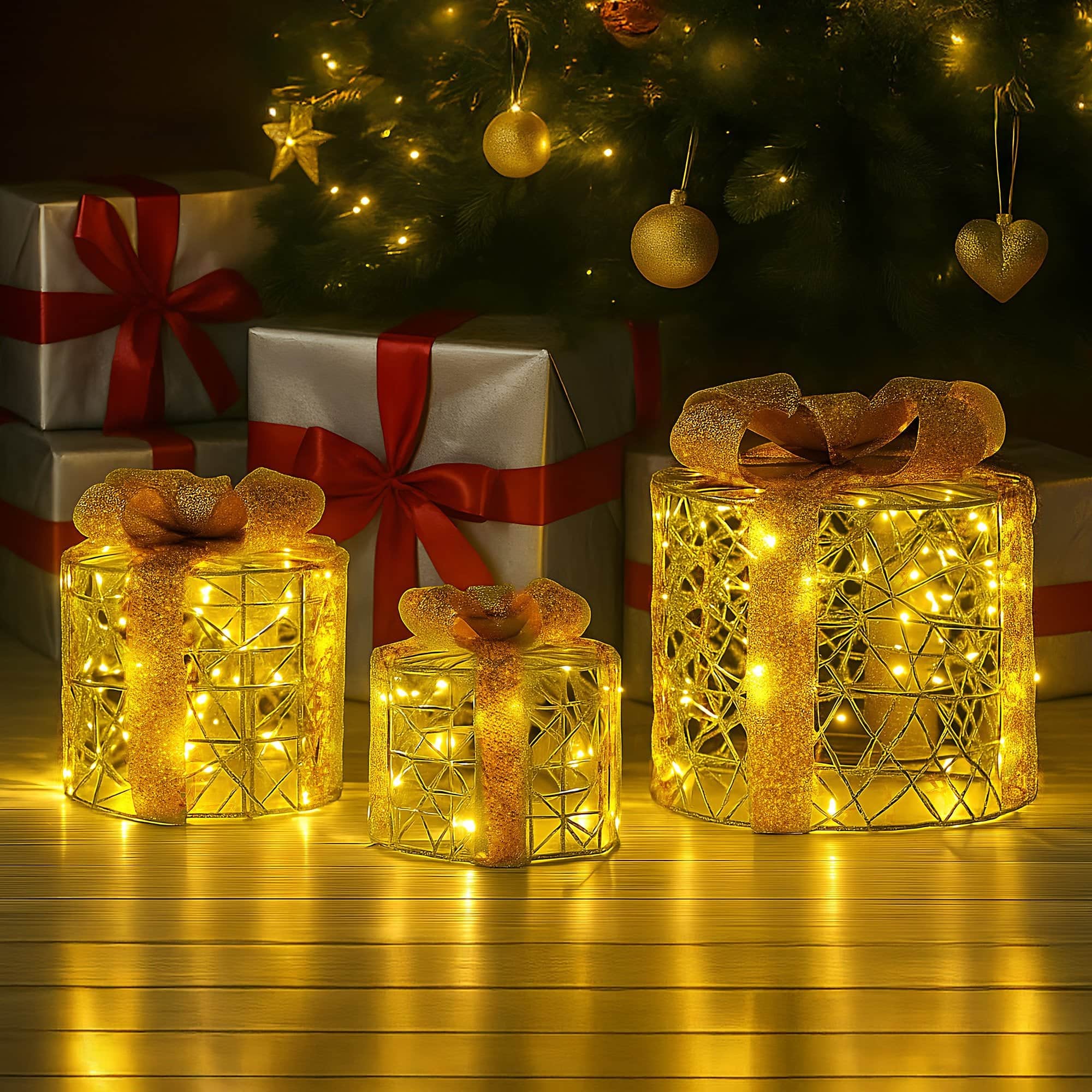 Set of 3 Golden Christmas Gift Boxes LED Lights Indoor Holiday Decoration Ornament