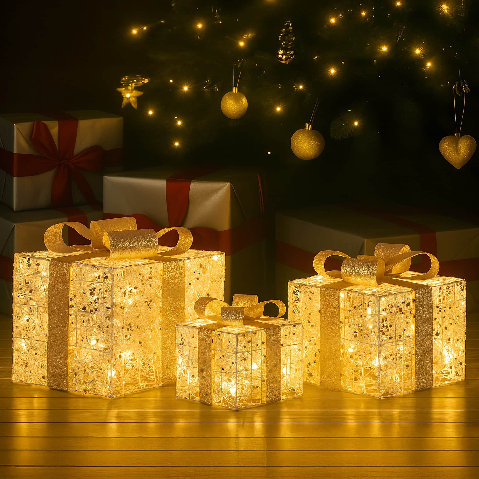 Set of 3 LED Golden Christmas Gift Boxes