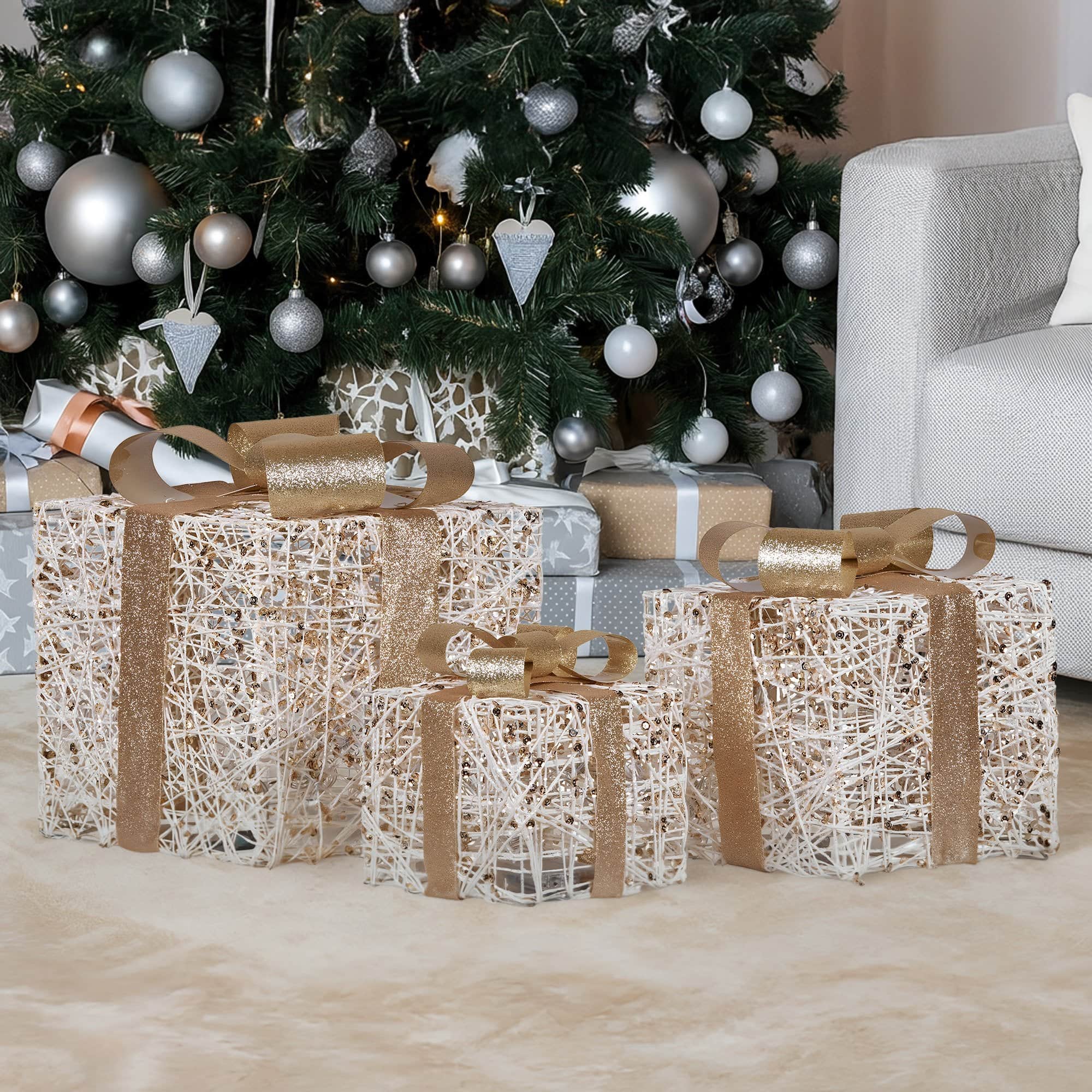 Set of 3 LED Golden Christmas Gift Boxes