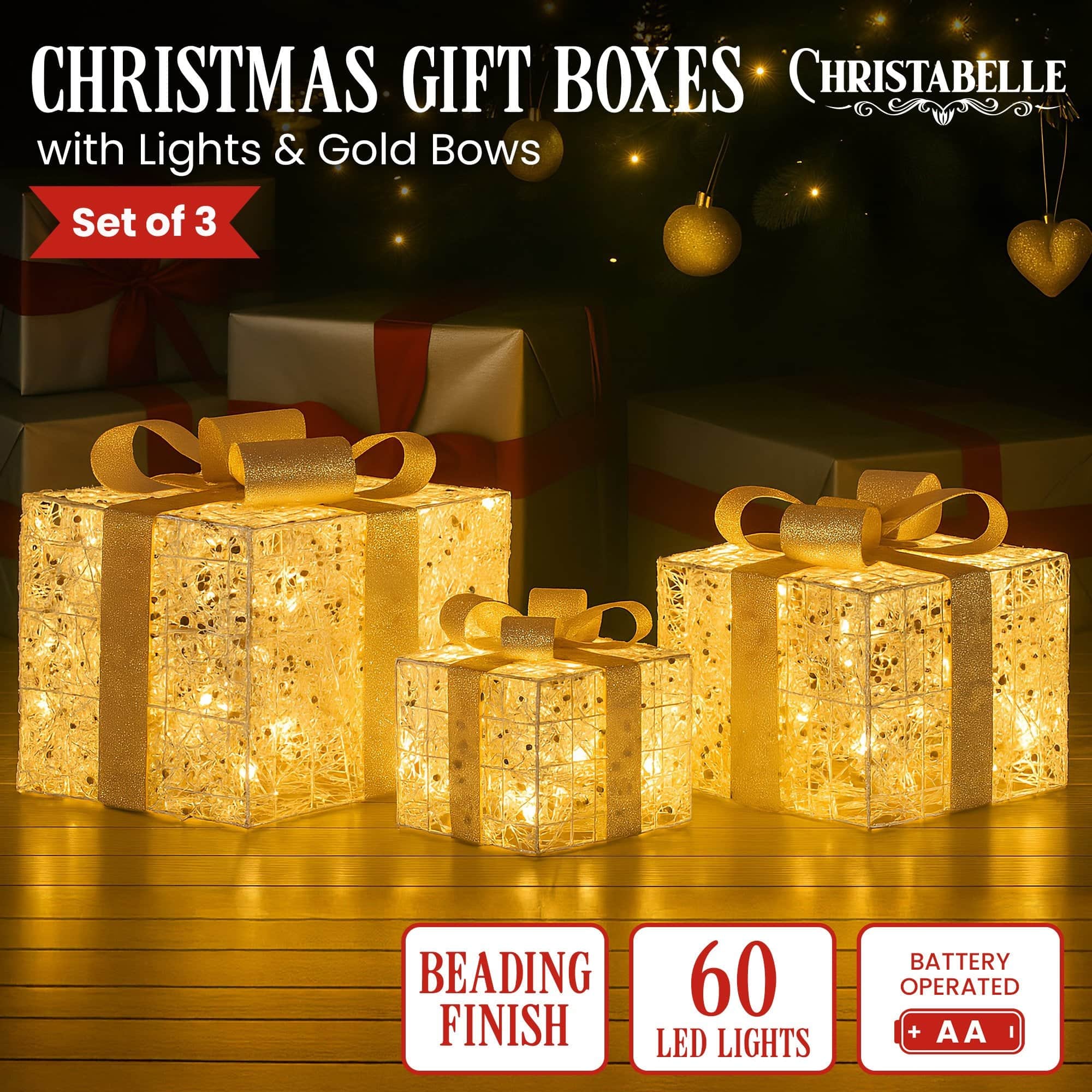 Set of 3 LED Golden Christmas Gift Boxes