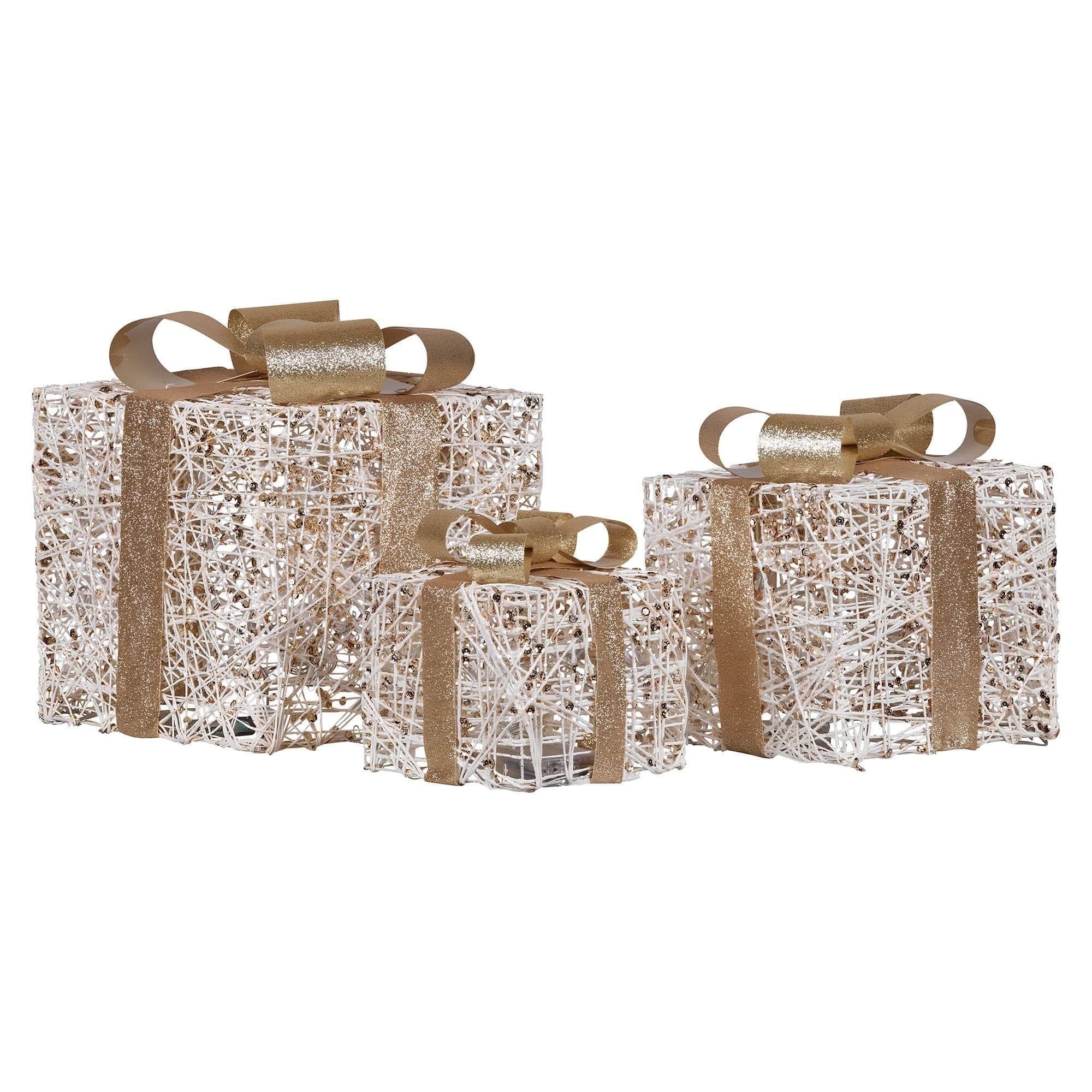 Set of 3 LED Golden Christmas Gift Boxes