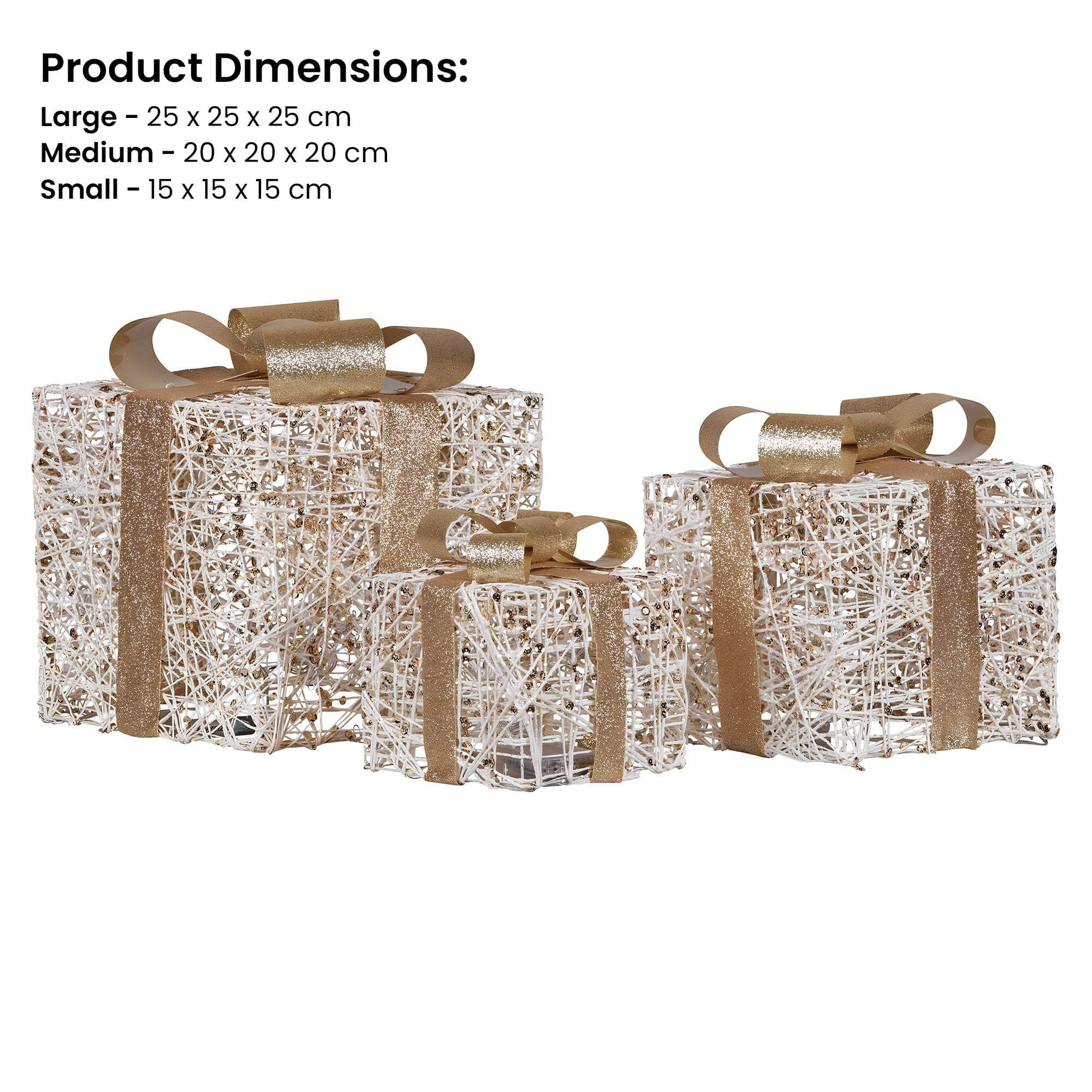 Set of 3 LED Golden Christmas Gift Boxes