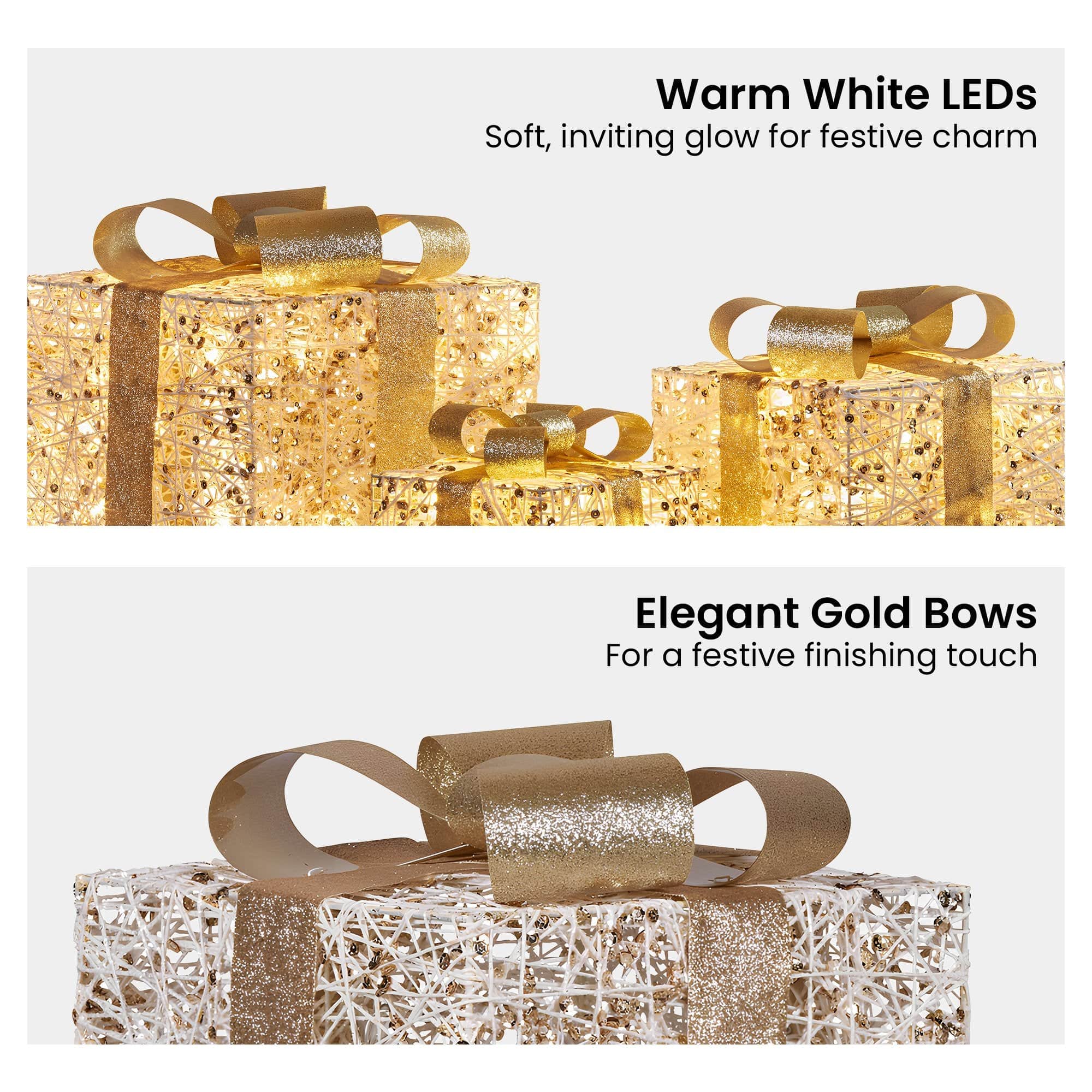 Set of 3 LED Golden Christmas Gift Boxes
