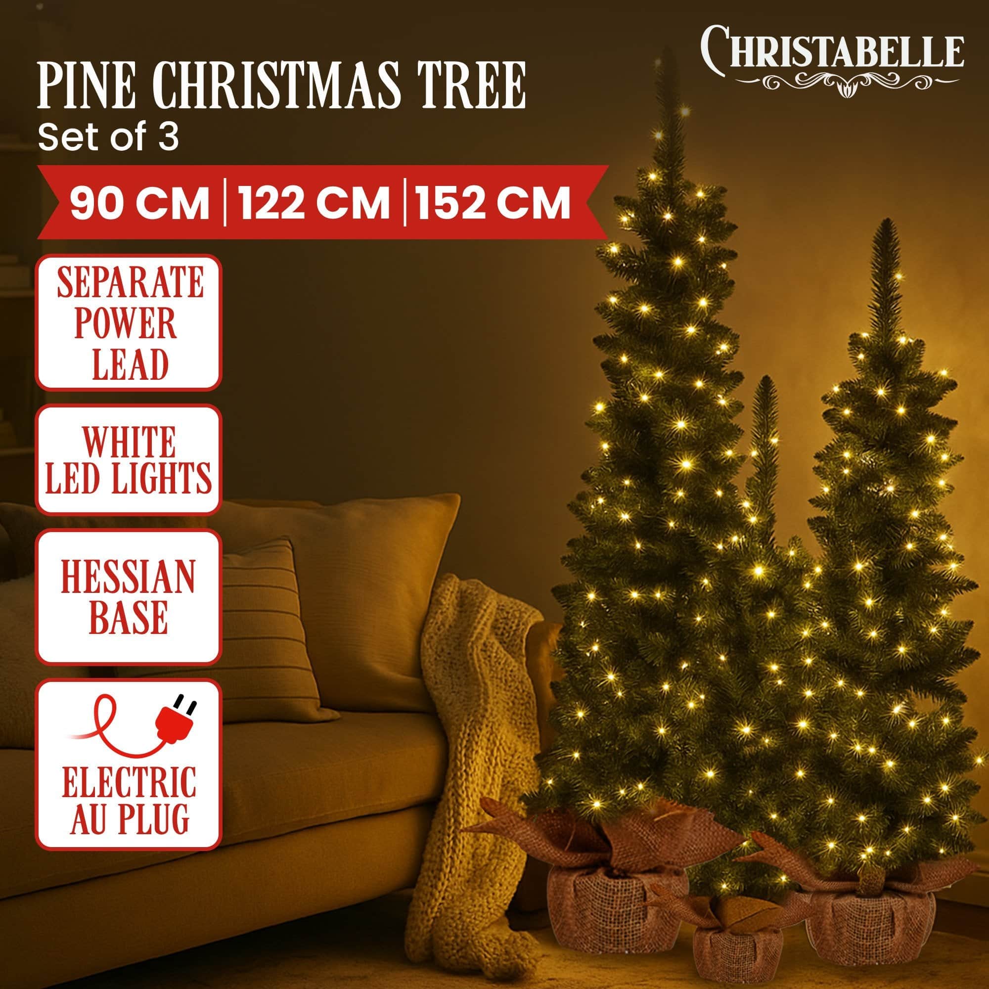 Set of 3 Pre Lit Green Pine Christmas Trees