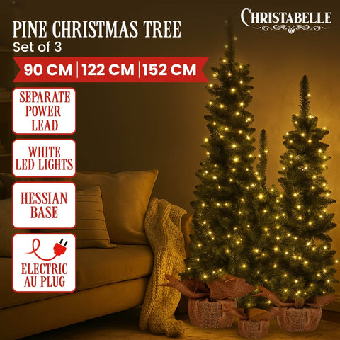 Set of 3 Pre Lit Green Pine Christmas Trees
