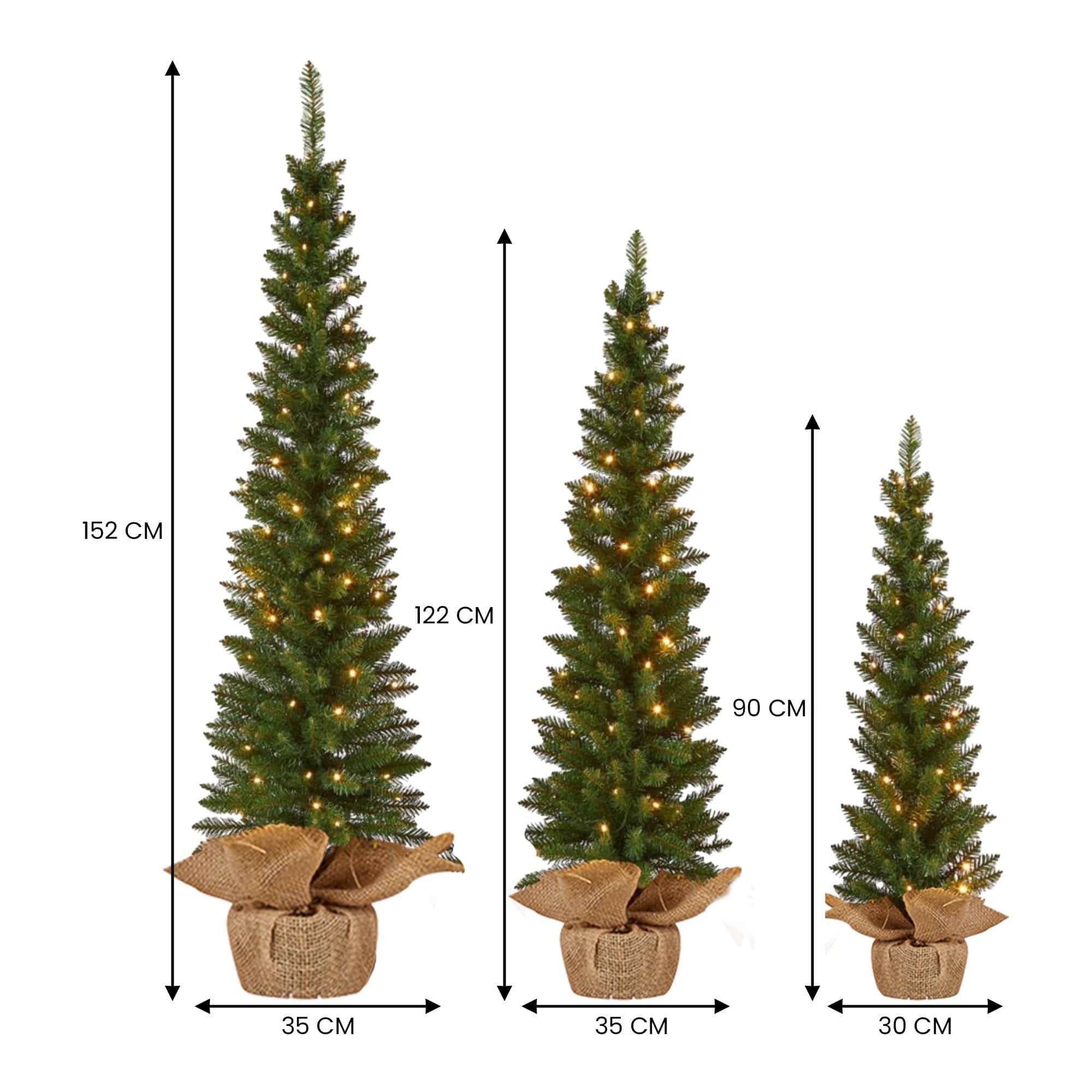Set of 3 Pre Lit Green Pine Christmas Trees