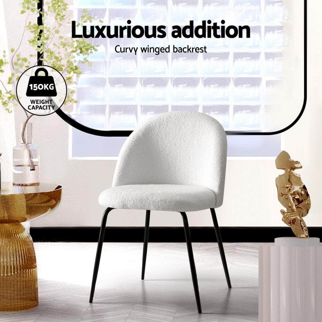 Set of 4 Dining Chairs in White Sherpa Boucle Fabric - Modern