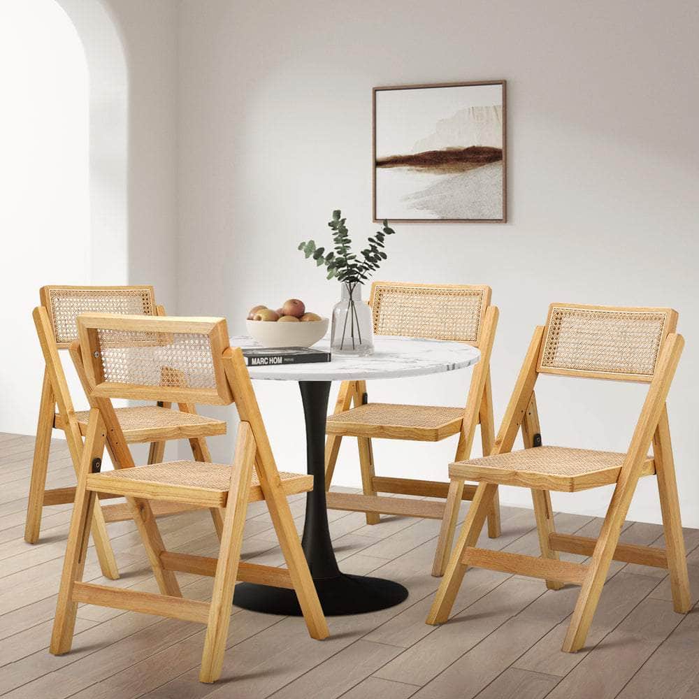 Set of 4 Folding Dining Chairs Rattan & Wooden Kitchen or Patio Seating
