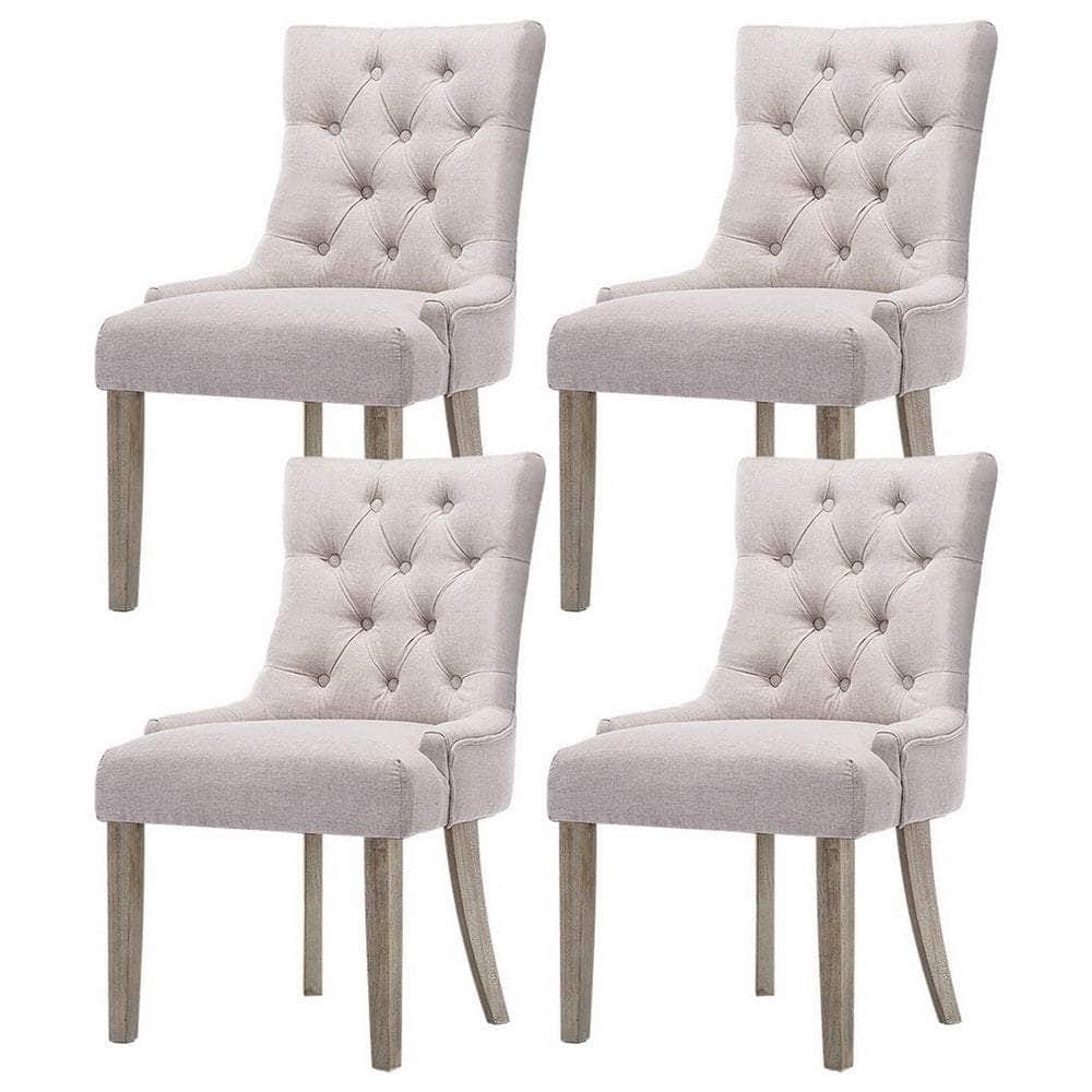 Set of 4 French Provincial Dining Chairs in Beige Linen – Elegant Vintage