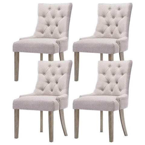 Set of 4 French Provincial Dining Chairs in Beige Linen – Elegant Vintage